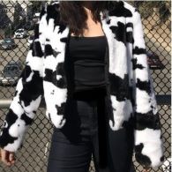 Fashion Cow Print Faux Fur Jacket - Black/White